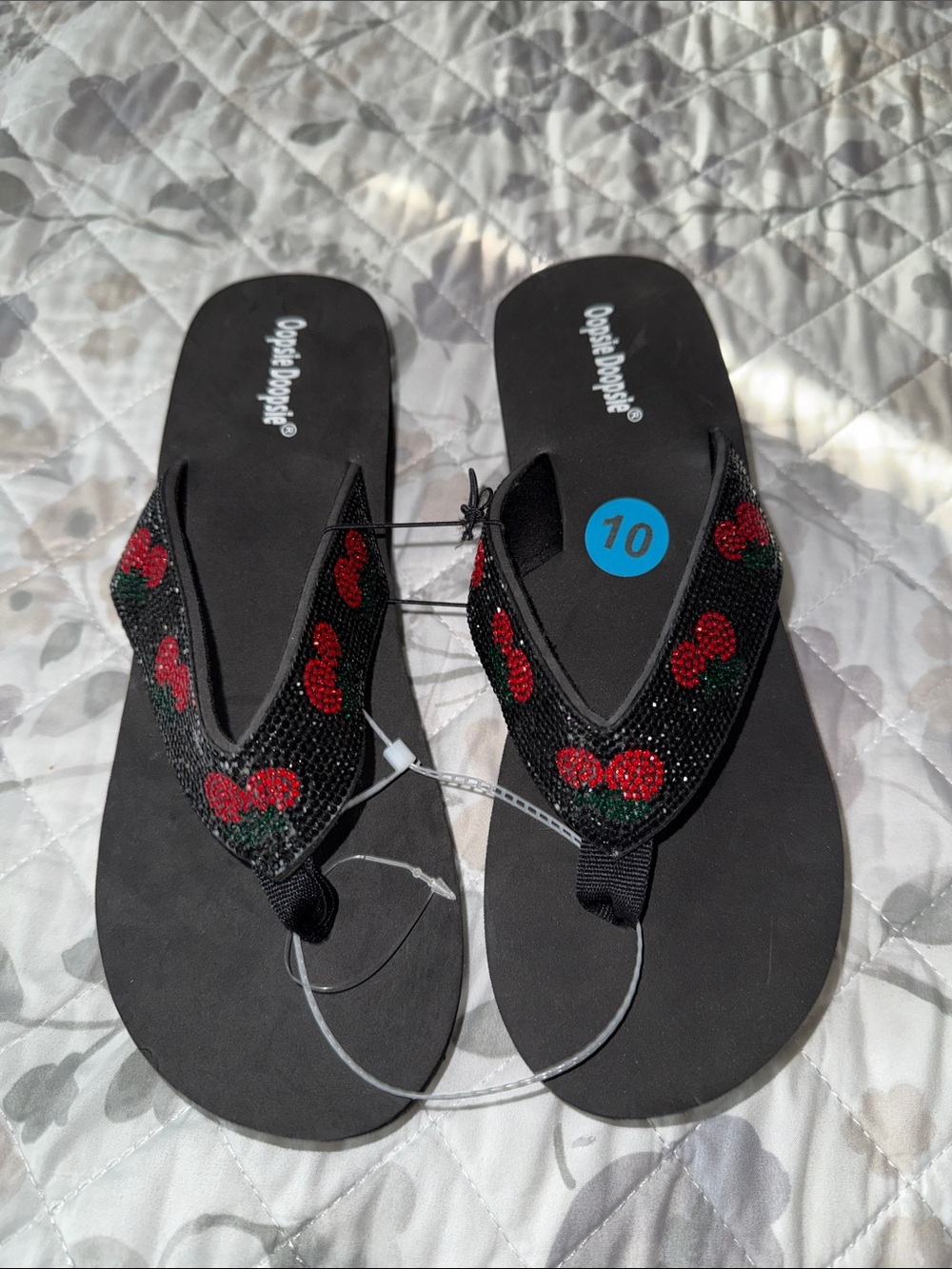 Black Flip Flop Sandals with Red Cherry Detail - Women 10
